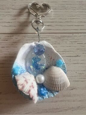 Handmade Blue Shell Keychain with Decorative Beads